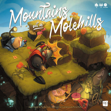 The game 'Mountains Out of Molehills' by USAopoly features vibrant artwork of cute moles on a whimsical grassy terrain, with flowers and elements indicating a playful competition. The scene depicts moles digging and interacting in a colorful, cartoonish environment, suitable for family and friends aged 9 and up.
