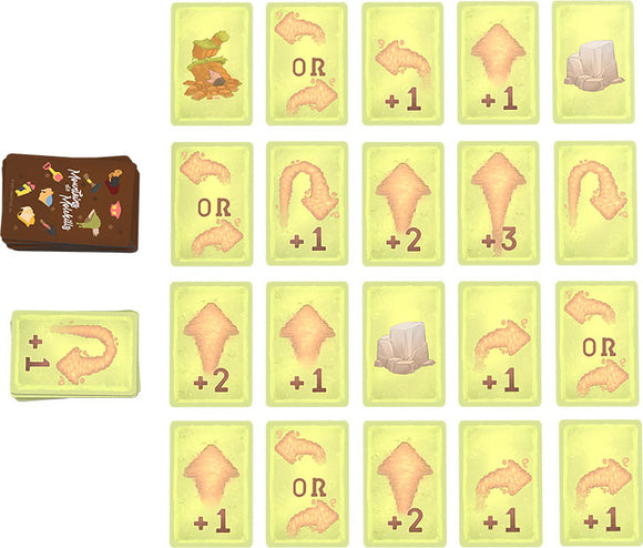 An image depicting the game Mountains Out of Molehills by USAopoly. The layout includes a set of cards featuring various whimsical illustrations, with some cards showing '+1', '+2', and '+3' values, as well as options indicated by 'OR'. The game also features a small deck of cards on the side, all set against a light yellow background.