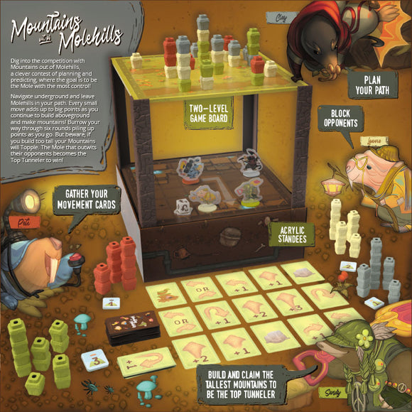 Mountains Out of Molehills game by USAopoly featuring a two-level game board, colorful acrylic standees, and movement cards. The game involves building mountains and blocking opponents in a strategic gameplay format, designed for players to outsmart each other and claim victory as the Top Tunneler.