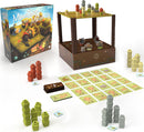 The game 'Mountains Out of Molehills' by USAopoly displayed with its components. The box features colorful artwork with a whimsical theme. Surrounding it are various game pieces including stacks of colored blocks and cards laid out on a surface, which includes challenge cards and scoring elements. The game's playful design invites players to engage in creative problem-solving and strategy.