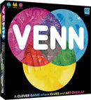 Venn board game by USAopoly featuring vibrant circles in pink, purple, yellow, and green. The game involves clever clues and overlapping art, perfect for family fun.