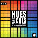Hues and Cues game box featuring colorful grid of squares in various hues. The title 'HUES AND CUES' prominently displayed, alongside the tagline 'A guessing game of colors and clues' by Scott Brady. Suitable for 3-10 players aged 8 and up, with a playtime of about 30 minutes.