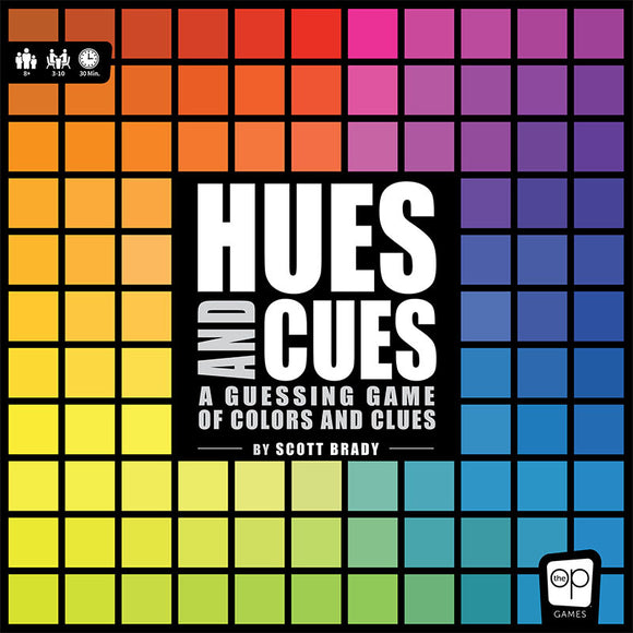 Hues and Cues game box featuring colorful grid of squares in various hues. The title 'HUES AND CUES' prominently displayed, alongside the tagline 'A guessing game of colors and clues' by Scott Brady. Suitable for 3-10 players aged 8 and up, with a playtime of about 30 minutes.