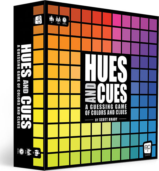 Hues and Cues board game by USAopoly, featuring a colorful box design with a grid of colors and bold black lettering. The title is prominently displayed along with the subtitle "A Guessing Game of Colors and Cues" by Scott Brady.