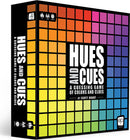 Hues and Cues board game by USAopoly, featuring a colorful box design with a grid of colors and bold black lettering. The title is prominently displayed along with the subtitle "A Guessing Game of Colors and Cues" by Scott Brady.