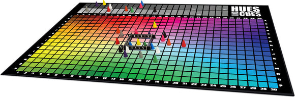 The Hues and Cues game by USAopoly features a vibrant color grid made up of 30 rows and 30 columns, with various colored cones placed on it. Players use the color grid to give and guess color cues, making it a fun and interactive game for friends and family.