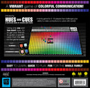 The back of the 'Hues and Cues' game box, featuring a vibrant color grid with labels for a guessing game involving colors and clues. It lists game contents and key features such as player range and easy gameplay. The design includes colorful graphics and the title prominently displayed at the top.