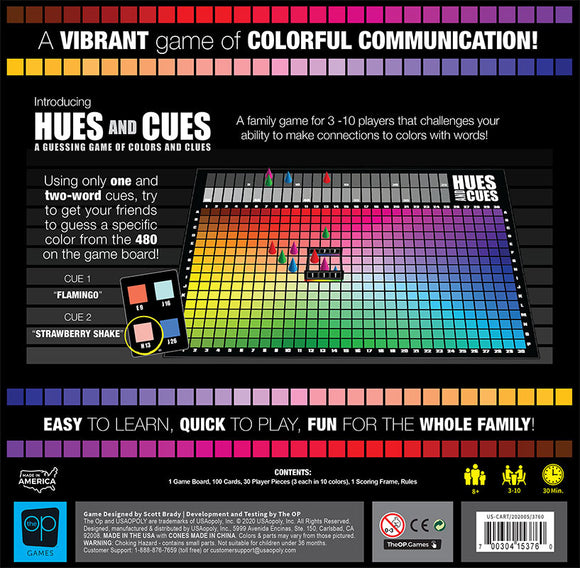 The back of the 'Hues and Cues' game box, featuring a vibrant color grid with labels for a guessing game involving colors and clues. It lists game contents and key features such as player range and easy gameplay. The design includes colorful graphics and the title prominently displayed at the top.