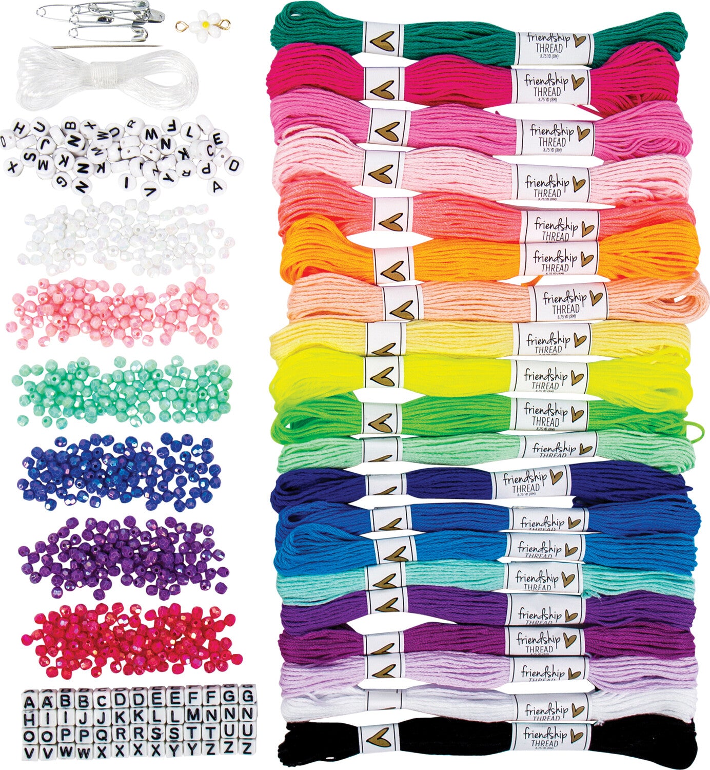 A comprehensive Friendship Bracelet Kit by U.S. Toy featuring an array of colorful threads in various shades, beads in multiple colors, letters for personalization, and tools for easy bracelet making. Perfect for DIY enthusiasts and crafting with friends.