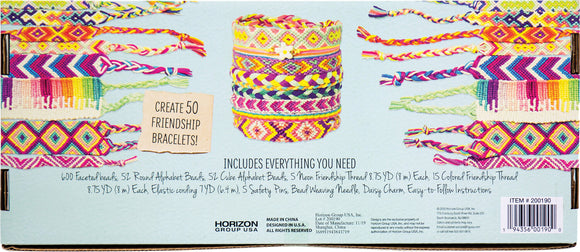 Friendship Bracelet Kit by U.S. Toy, featuring supplies to create 50 colorful bracelets. Includes 600 beads, multiple threads, safety pins, and easy-to-follow instructions for DIY crafting.