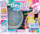 The Tie Dye Design Studio DIY kit by U.S. Toy features a vibrant packaging showcasing various tie-dye projects. The kit includes 7 bottles of dye and allows users to create trendy designs with less mess. An image of a girl demonstrates the process using the spinning dye tool. The kit is suitable for ages 6 and up and promises to enable creativity in fabric design.