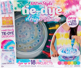 The Tie Dye Design Studio DIY kit by U.S. Toy features a vibrant packaging showcasing various tie-dye projects. The kit includes 7 bottles of dye and allows users to create trendy designs with less mess. An image of a girl demonstrates the process using the spinning dye tool. The kit is suitable for ages 6 and up and promises to enable creativity in fabric design.