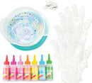 Tie Dye Design Studio DIY kit by U.S. Toy featuring a circular dye container filled with swirling colors, eight squeeze bottles of vibrant dye in red, pink, orange, yellow, blue, green, and additional gloves for mess-free crafting. Perfect for creative tie-dye projects.