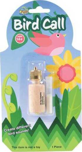 U.S. Toy Bird Call DIY kit with packaging featuring a colorful design of a pink bird, flowers, and grass. The kit includes a wooden bird call device designed to produce various bird sounds, suitable for ages 14 and up.
