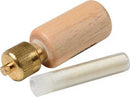 A wooden bird call device with a metallic end and a clear tube accessory. The wooden part is cylindrical and has a smooth finish, while the metallic component is shiny and has a detailed design that allows for sound production. The clear tube is an accessory for enhancing the bird call experience.