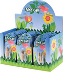 Display of colorful Bird Call DIY kits by U.S. Toy featuring a wooden bird call device surrounded by vibrant floral and bird graphics on the packaging.