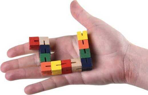 A hand holding a colorful Wood Fiddle Fidget Puzzle, featuring various wooden pieces arranged in a zigzag pattern, showcasing its mechanical design. The puzzle includes multiple colors like red, green, yellow, and brown, perfect for engaging the mind and enhancing focus.