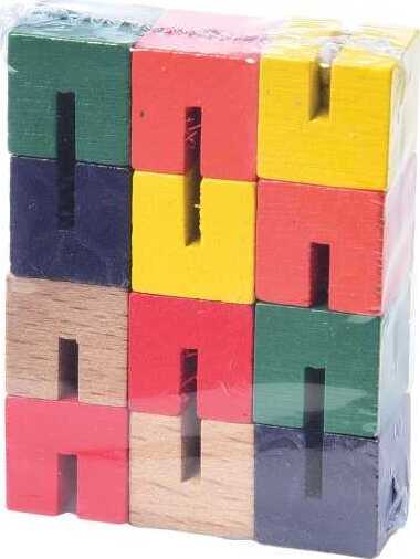 A colorful wood fiddle fidget puzzle featuring ten interlocking wooden pieces in various bright colors, including red, yellow, green, dark blue, and natural wood tones. The pieces are packaged snugly together, presenting a compact and engaging mechanical puzzle designed to challenge users' dexterity and problem-solving skills.