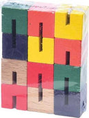 A colorful wood fiddle fidget puzzle featuring ten interlocking wooden pieces in various bright colors, including red, yellow, green, dark blue, and natural wood tones. The pieces are packaged snugly together, presenting a compact and engaging mechanical puzzle designed to challenge users' dexterity and problem-solving skills.