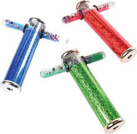 The Glitter Wand Kaleidoscope by U.S. Toy features a colorful design with three wand-like tubes filled with sparkling glitter, in blue, red, and green. Each wand allows users to rotate and create mesmerizing glitter patterns, making it a fun DIY kit for kids and creative individuals.