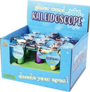 A colorful display box filled with multiple Glitter Wand Kaleidoscopes by U.S. Toy. Each kaleidoscope features vibrant glitter colors, including green, purple, and blue, designed to mesmerize and dazzle. The box is labeled with 'glitter wand KALEIDOSCOPE' and the phrase 'dazzle your eyes !', emphasizing its fun and captivating nature.
