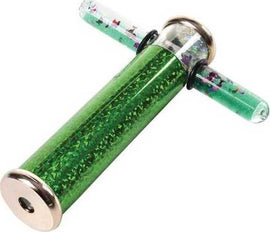 The Glitter Wand Kaleidoscope features a vibrant green tube filled with shimmering glitter and colorful shapes that swirl as you look through it. It has two transparent ends that allow light to pass through, showcasing the mesmerizing kaleidoscopic patterns. Perfect for kids and adults, this DIY kit stimulates creativity and imagination.