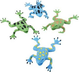 A colorful assortment of squeezeable frogs in various designs and colors, featuring two blue frogs with spots, a green frog with black spots, and a red frog with multi-colored spots, perfect for stress relief and sensory play.