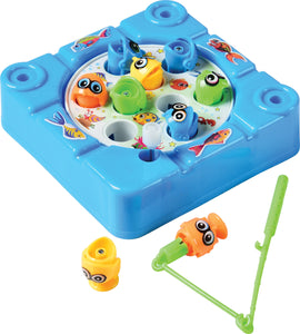 Fishing Game by U.S. Toy featuring a colorful blue board with eight interactive fish, a fishing pole with a smiling fish attachment, and vibrant underwater graphics. Perfect for kids' fun.