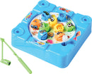 A colorful Fishing Game from U.S. Toy featuring a blue playboard with round holes, each containing colorful fish characters. A green fishing rod is included for catching the fish, making it a fun activity for kids.