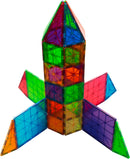 A colorful 100-piece set of Magna Tiles, featuring transparent and vibrant pieces shaped as a towering rocket structure, ideal for creative building and STEM learning.