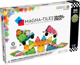 Grand Prix Magna Tiles 50-piece set by Magna Tiles. This colorful DIY kit features translucent triangular and square tiles in various vibrant colors, including blue, red, green, and yellow. The set includes two wheeled chassis for building creative vehicles. Perfect for promoting hands-on learning in math and science for ages 3 and up.