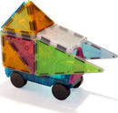 A colorful DIY building set containing 50 Magna Tiles pieces, showcasing a vibrant geometric structure resembling a vehicle. The translucent tiles are in various colors, including orange, green, blue, and pink, attached to a blue base with black wheels, encouraging creativity and imaginative play.