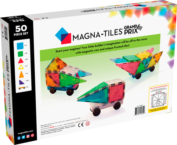 The Grand Prix Magna-Tiles 50 Piece Set by Magna Tiles features colorful, translucent magnetic tiles designed for building. The packaging showcases various models including cars, highlighting creativity and play in construction. The vibrant colors and unique frosted tiles inspire imaginative play for young builders.