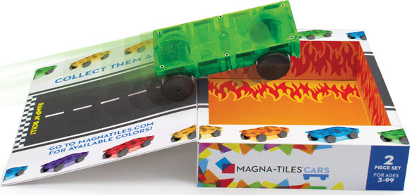 The Magna Tiles Cars - 2 Piece Expansion Set features vibrant, colorful car pieces designed for interactive play. The set includes a green transparent car and a decorative, flame-themed box, ideal for storage and imaginative play. Perfect for children ages 3 to 99, this DIY kit fosters creativity and motor skills by allowing users to build and customize their own vehicles.