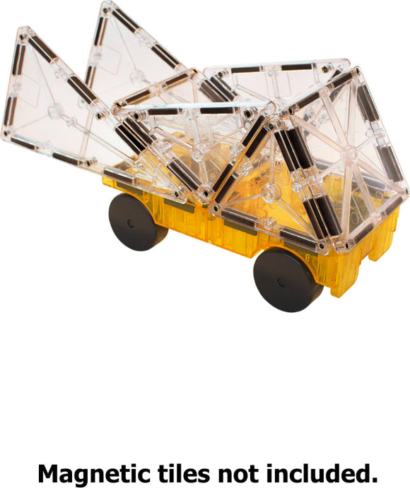 The Magna Tiles Cars - 2 Piece Expansion Set features a yellow base car with transparent magnetic panels that can be adjusted to create various shapes. The set allows children to unleash their creativity by building unique car models. Note that magnetic tiles are not included.