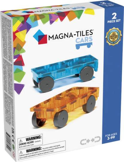 The Magna Tiles Cars 2 Piece Expansion Set featuring two colorful, buildable cars—one blue and one orange. Each car has four wheels and a transparent design, encouraging creative play and educational building skills for children aged 3 and up.
