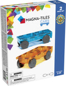 The Magna Tiles Cars 2 Piece Expansion Set featuring two colorful, buildable cars—one blue and one orange. Each car has four wheels and a transparent design, encouraging creative play and educational building skills for children aged 3 and up.