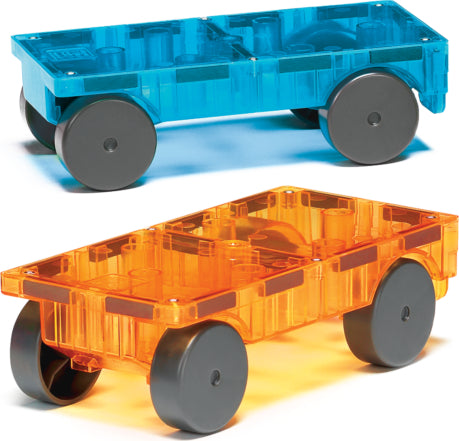 Magna Tiles Cars 2 Piece Expansion Set featuring two colorful vehicles. The top vehicle is a transparent blue with large black wheels, while the bottom vehicle is a vibrant orange, also with black wheels. These versatile tiles encourage creativity and hands-on play.