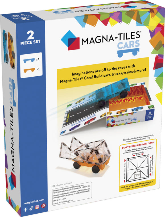 Magna Tiles Cars 2 Piece Expansion Set packaging. The box displays a translucent blue and orange toy car built with Magna-Tiles, set against a vibrant background featuring a flaming road. The description promotes creativity in building various vehicles like cars, trucks, and trains.