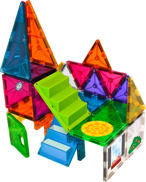 Colorful 28-piece Magna Tiles House set featuring vibrant transparent tiles in various shapes. Includes a staircase leading to a triangular roof, clock detail, and flower patterns, ideal for imaginative play and construction.