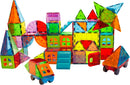 A vibrant 110-piece Magna Tiles Metropolis set showcasing colorful geometric shapes like squares, triangles, and circles. The set includes various structures such as houses, vehicles, and towers made from transparent, interlocking tiles, stimulating creativity and imaginative play. Perfect for children to build their own city while enhancing spatial skills and problem-solving abilities.