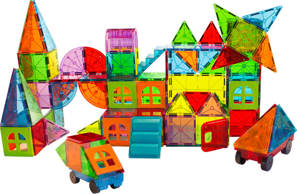 A vibrant 110-piece Magna Tiles Metropolis set showcasing colorful geometric shapes like squares, triangles, and circles. The set includes various structures such as houses, vehicles, and towers made from transparent, interlocking tiles, stimulating creativity and imaginative play. Perfect for children to build their own city while enhancing spatial skills and problem-solving abilities.