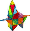 A colorful and creative construction made from the Magna Tiles Metropolis 110 Piece Set, featuring various geometric shapes like triangles and circles in vibrant colors including red, blue, green, yellow, and orange. The structure showcases different heights and angles, illustrating the versatility and imaginative potential of the tiles.