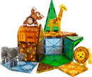 A colorful 25-piece set of Magna Tiles featuring safari animals. The set includes a monkey, giraffe, elephant, and lion, along with translucent geometric tiles in vibrant shades of orange, green, blue, and brown. It encourages imaginative play and construction, making it a fun and educational toy for children.
