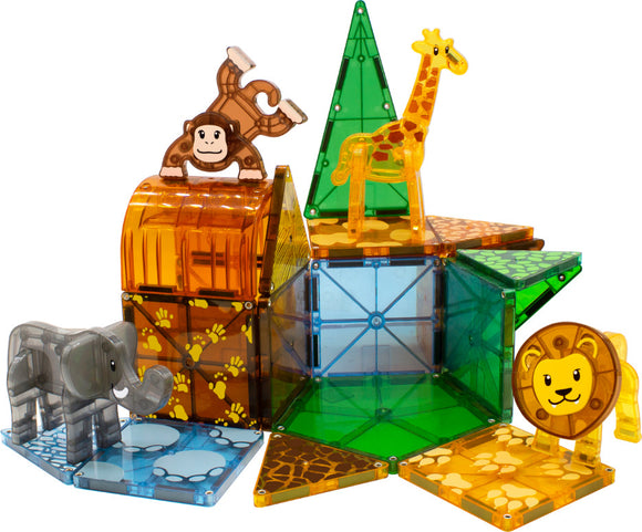 A colorful 25-piece set of Magna Tiles featuring safari animals. The set includes a monkey, giraffe, elephant, and lion, along with translucent geometric tiles in vibrant shades of orange, green, blue, and brown. It encourages imaginative play and construction, making it a fun and educational toy for children.