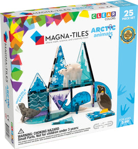 Magna-Tiles Arctic Animals DIY kit featuring 25 colorful transparent magnetic pieces. The packaging showcases various Arctic animal figures and a snowy landscape. Ideal for engaging children's creativity and fine motor skills, suitable for ages 3 and up.