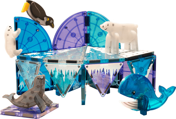 Magna Tiles Arctic Animals DIY kit featuring 25 colorful pieces, including polar bears, seals, and a whale. The vibrant pieces create an engaging, educational play environment for children, encouraging creativity and fine motor skills.