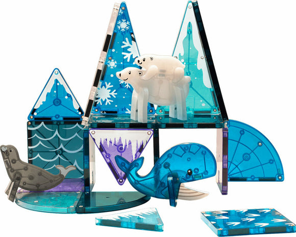 A colorful Arctic-themed DIY kit from Magna Tiles featuring polar animals. The set includes transparent blue and white tiles shaped like triangles and circles, assembled into an icy landscape with two polar bears, a walrus, and a whale. Perfect for imaginative play, this vibrant kit encourages children to explore their creativity while learning about Arctic wildlife.