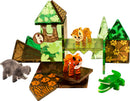 A colorful set of Jungle Animals Magna Tiles featuring an assortment of vibrant animal figures including a sloth, leopard, tiger, elephant, and crocodile. The tiles are transparent and in various shapes including triangles and squares, designed to create imaginative structures and scenes that evoke a jungle setting.