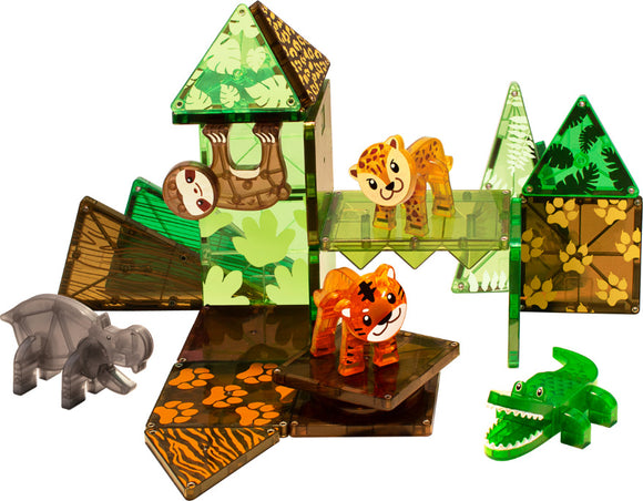 A colorful set of Jungle Animals Magna Tiles featuring an assortment of vibrant animal figures including a sloth, leopard, tiger, elephant, and crocodile. The tiles are transparent and in various shapes including triangles and squares, designed to create imaginative structures and scenes that evoke a jungle setting.